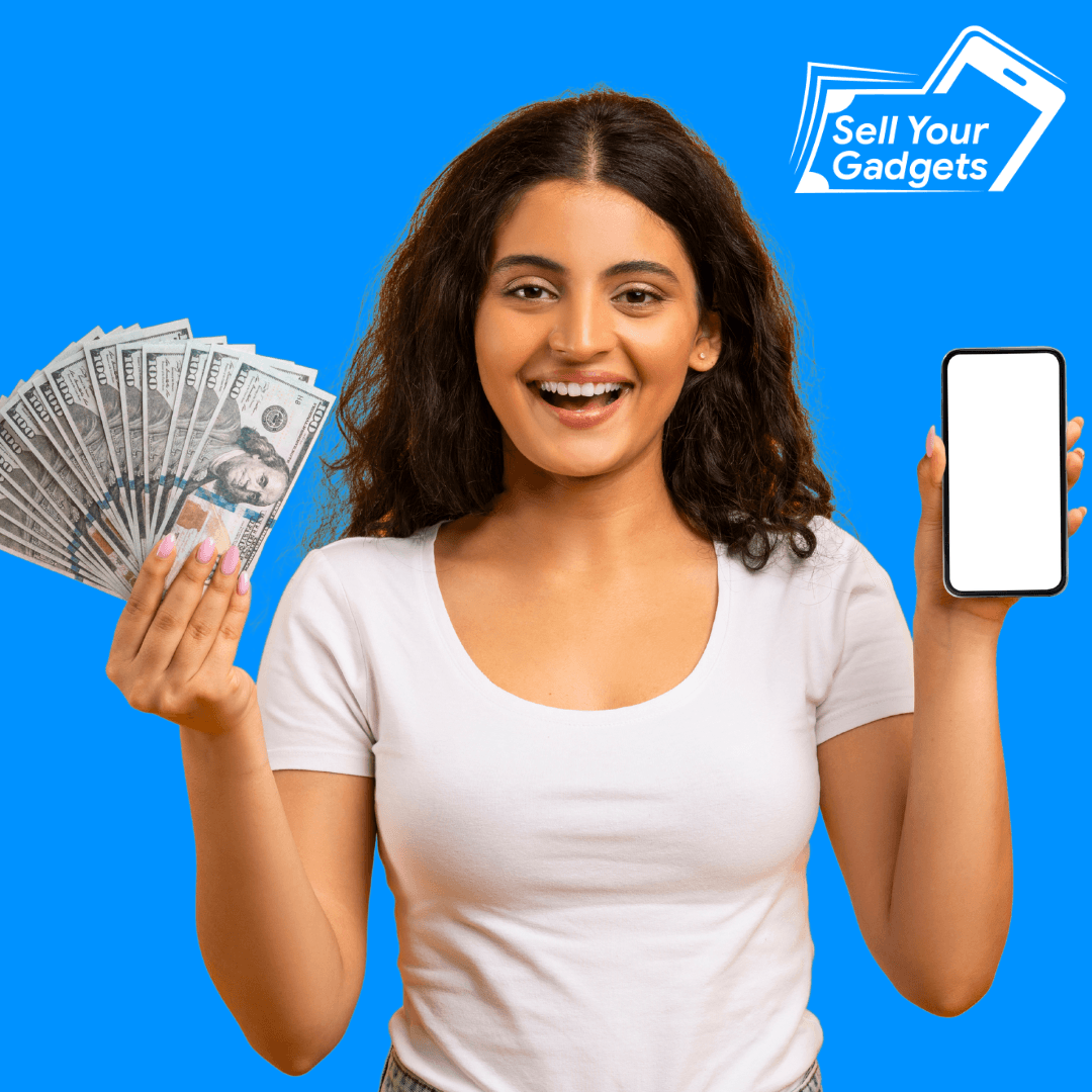 Happy customer holding cash after selling her phone at Sell Your Gadgets