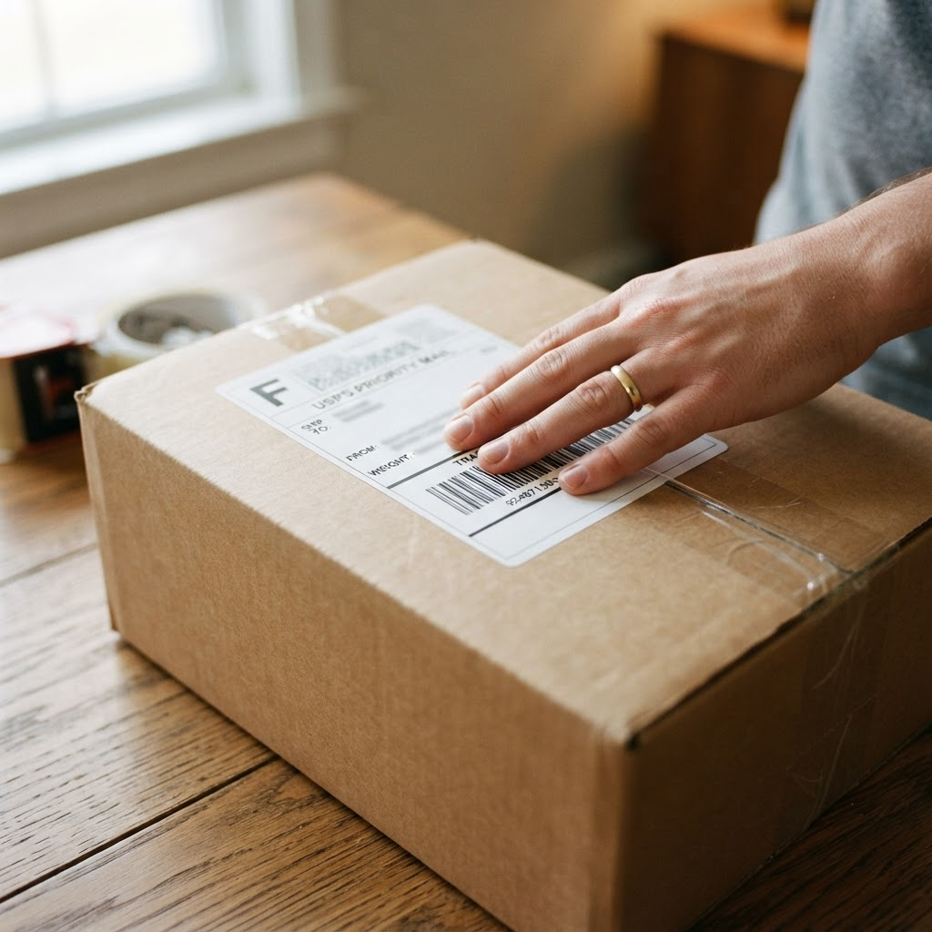 A prepaid, insured shipping label being applied to a sealed box