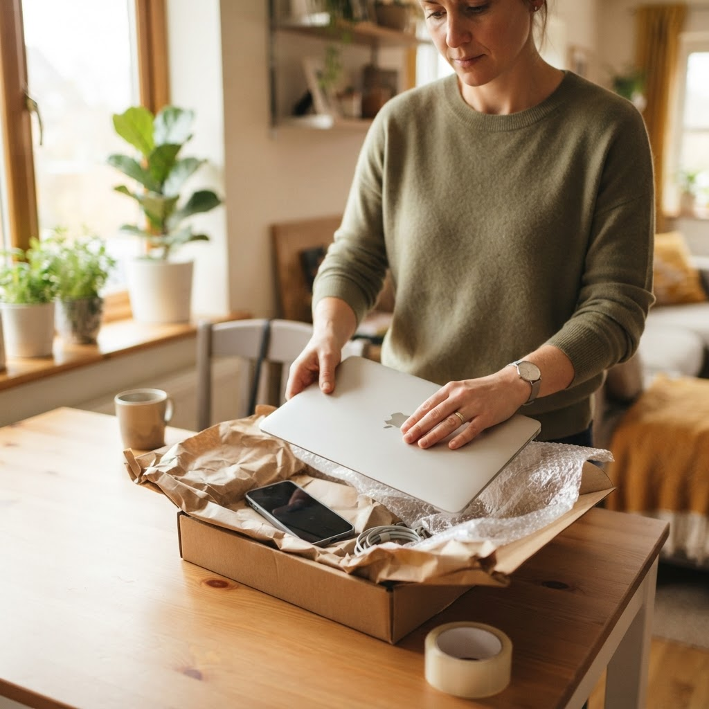 Packing a iMac into a padded shipping box at home to sell to Sell Your Gadgets